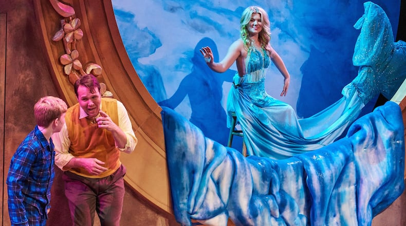 Gabriel Bowles (from left), Travis Smith and Caroline Arapoglou appear in Theatrical Outfit’s musical “Big Fish.” CONTRIBUTED BY CHRISTOPHER BARTELSKI