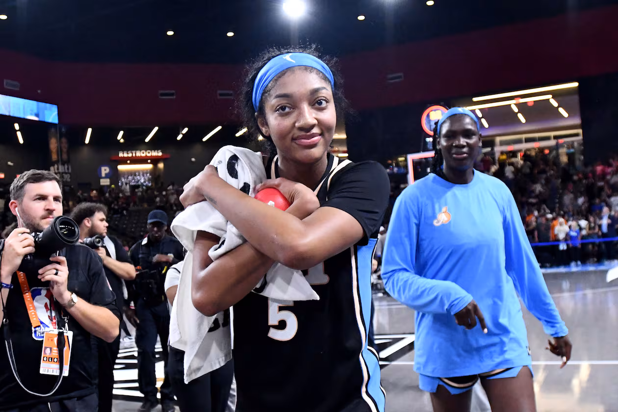 Atlanta Dream forward Angel Reese (5) celebrates after defeating the Dallas Wings in a WNBA game at Gateway Center Arena on Friday, May 22, 2026, in Atlanta. Atlanta Dream won 86-69 over Dallas Wings. (Hyosub Shin/AJC)