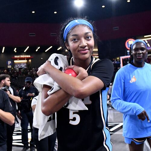 Atlanta Dream forward Angel Reese (5) celebrates after defeating the Dallas Wings in a WNBA game at Gateway Center Arena on Friday, May 22, 2026, in Atlanta. Atlanta Dream won 86-69 over Dallas Wings. (Hyosub Shin/AJC)