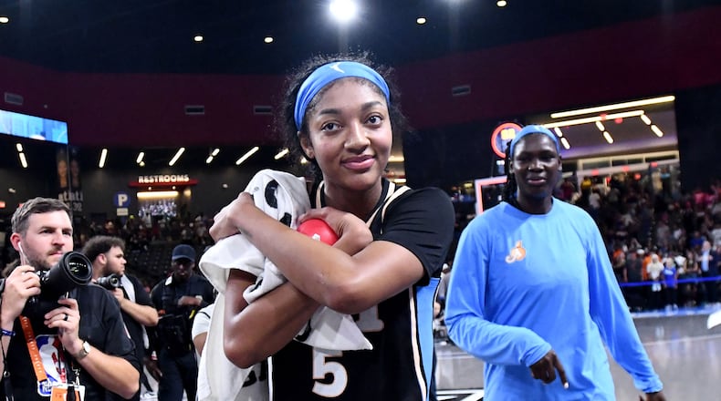 Atlanta Dream forward Angel Reese (5) celebrates after defeating the Dallas Wings in a WNBA game at Gateway Center Arena on Friday, May 22, 2026, in Atlanta. Atlanta Dream won 86-69 over Dallas Wings. (Hyosub Shin/AJC)