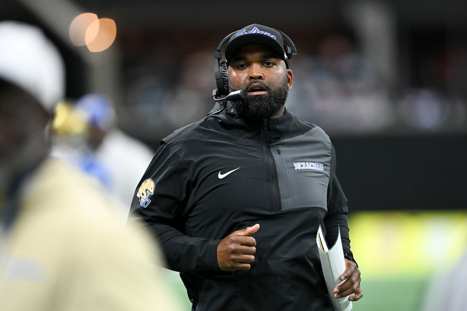 McEachern head coach Kareem Reid is seen during the first half of the Corky Kell Classic football game Saturday, August 16, 2025 at the Mercedes-Benz Stadium. (Daniel Varnado/For the Atlanta Journal-Constitution)