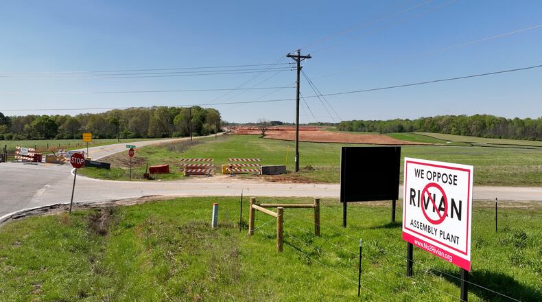 Aerial photograph shows the 2,000-acre Rivian factory site in southern Walton and Morgan counties. (Hyosub Shin/The Atlanta Journal-Constitution)