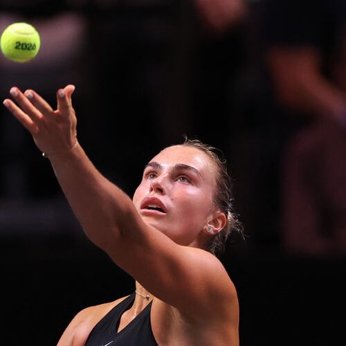 Aryna Sabalenka serves against Nick Kyrgios during their Battle of the Sexes tennis match, in Dubai, United Arab Emirates, Sunday Dec. 28, 2025. (Amr Alfiky/Pool Photo via AP)