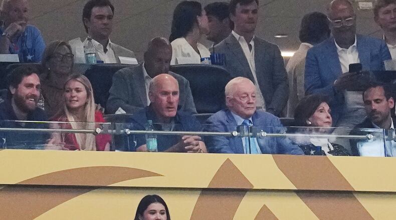 Dallas Cowboys owner Jerry Jones, center right, watch during the World Cup semifinal soccer match between France and Spain in Arlington, Texas, near Dallas, Tuesday, July 14, 2026. (AP Photo/Julio Cortez)