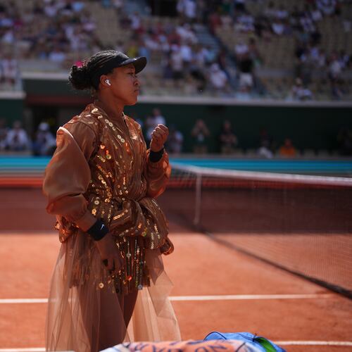 Naomi Osaka of Japan prepares for the third round women's singles tennis match against Iva Jovic of the U.S. at the French Open tennis tournament in Paris, Saturday, May 30, 2026. (AP Photo/Thibault Camus)