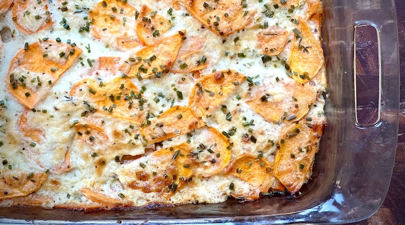 Whipped tofu transforms sweet potato gratin into a healthy weeknight option.
(Kellie Hynes for The Atlanta Journal-Constitution)