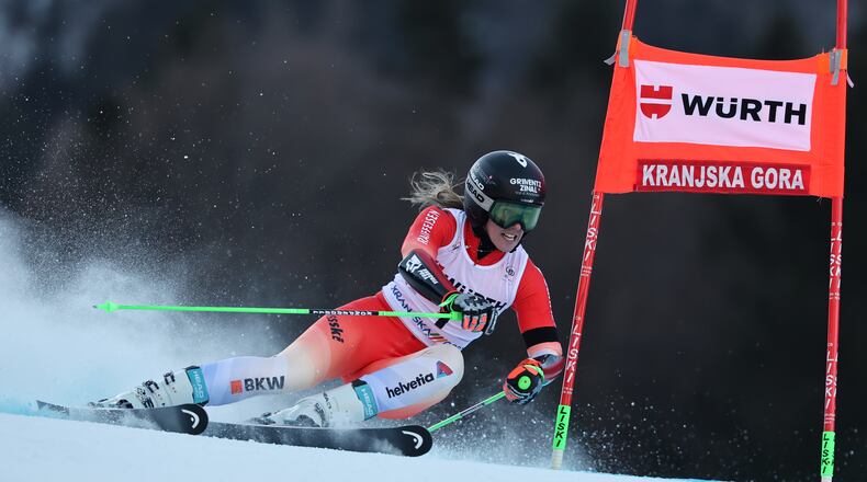 Switzerland's Camille Rast speeds down the course during an alpine ski, women¥s World Cup giant slalom in Kranjska Gora, Slovenia, Saturday, Jan. 3, 2026. (AP Photo/Marco Trovati)