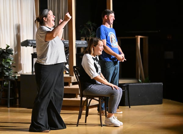 Amber Nash (center) plays a teenage girl during an improv sketch Friday night. Nash got her start at Dad's Garage before going on to become the voice for Pam Poovey on FX’s “Archer.” (Hyosub Shin/AJC)