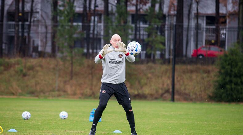 Atlanta United goalkeeper Brad Guzan runs drills at the team's training facility during training at the Children's Healthcare of Atlanta Training Ground, Monday, January 13, 2020. (ALYSSA POINTER/ALYSSA.POINTER@AJC.COM)