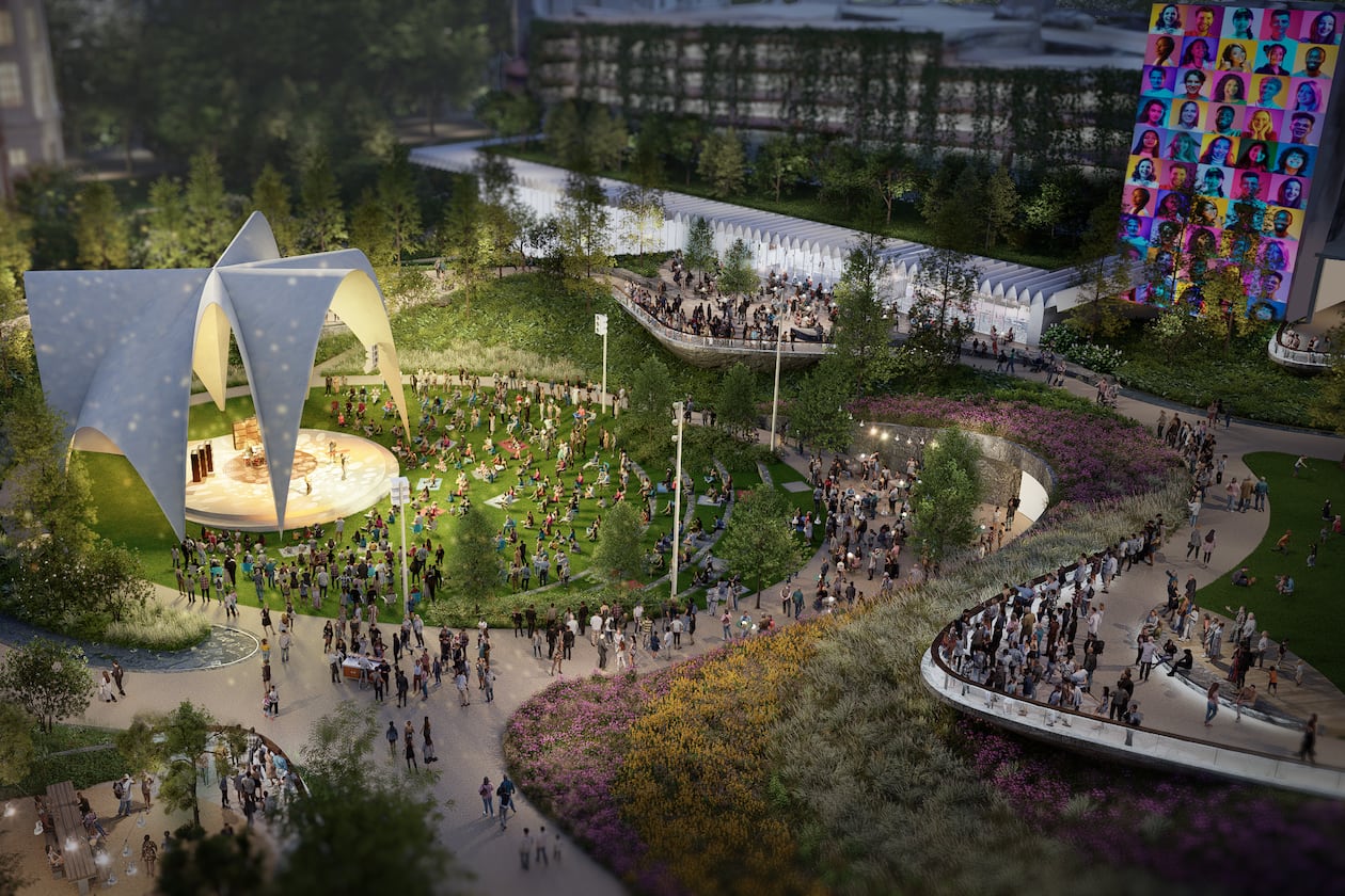 This is a rendering of a planned 4-acre park in Atlanta called Midtown Green, which is being developed by the Midtown Alliance. The rendering was unveiled publicly on April 14, 2026. (Courtesy of Midtown Alliance)