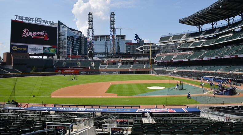 Atlanta Braves players and coaching staff during the second workout of Summer Camp in Truist Park on Saturday, July 4, 2020. (Hyosub Shin / Hyosub.Shin@ajc.com)
