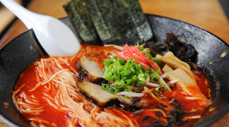 Spicy Tonkotsu Ramen- Traditional Spicy Ramen Noodles topped with Chashu vegetables at Raku. (Beckysteinphotography.com)
