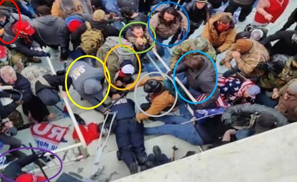 Locust Grove resident Jack Wade Whitton, circled in orange and second from left, is seen pulling a prone Capitol Police Officer into a crowd of rioters on Jan. 6, 2021. "I fed him to the people," Whitton wrote in a message to a friend.