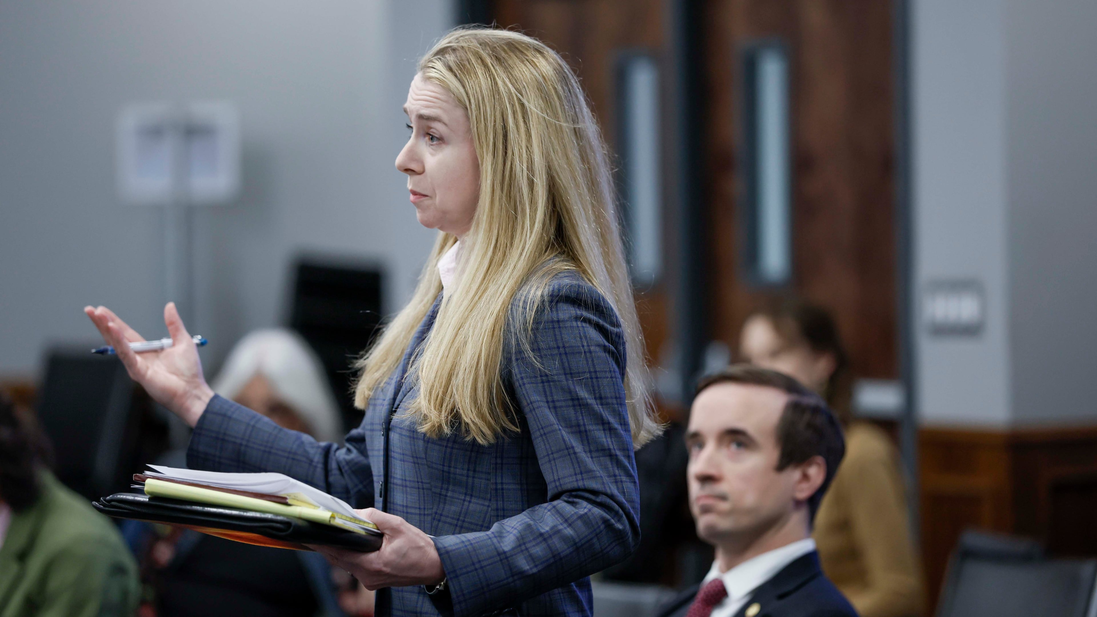 Catherine Bernard, an attorney for the Georgia Republican Assembly, speaks to the State Ethics Commission during preliminary hearings on campaign finance charges Thursday.
(Miguel Martinez/AJC)