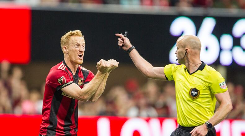 Atlanta United midfielder Jeff Larentowicz (18) reacts to a call from the referee during the match between NYC FC and Atlanta United at Mercedes-Benz Stadium in Atlanta, Georgia, on Sunday, April 15, 2018. (REANN HUBER/REANN.HUBER@AJC.COM)