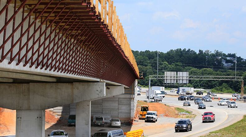 View of the I-75 express lane bridge over the Canton Road Connector near Marietta. Construction is ongoing for Georgia Department of Transportation's Northwest Corridor express lane project, which will create 29.7 miles of reversible, barrier-separated toll lanes along I-75 from Akers Mill Rd to Hickory Grove Road and along I-575 from I-75 to Sixes Road. The project is expected to open in 2018.