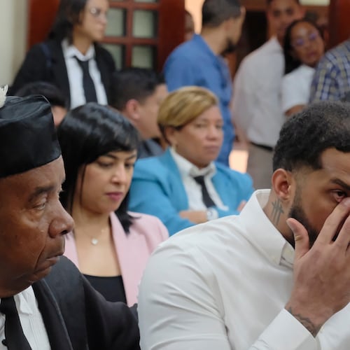 Tampa Bay Rays shortstop Wander Franco gestures in court during his trial on charges of sexually abusing a minor in Puerto Plata, Dominican Republic, Monday, May 25, 2026. (AP Photo/Ricardo Hernandez)