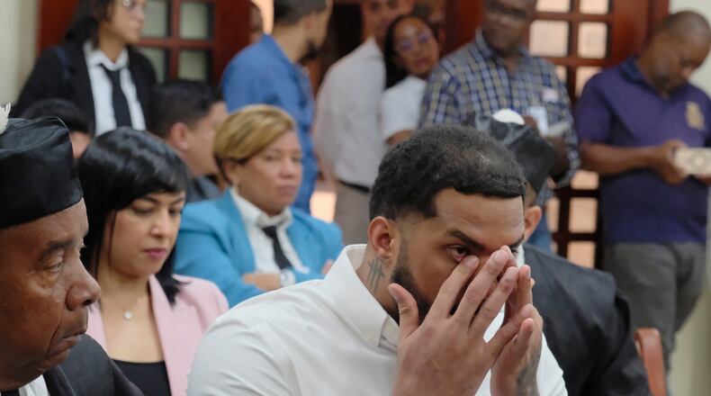 Tampa Bay Rays shortstop Wander Franco gestures in court during his trial on charges of sexually abusing a minor in Puerto Plata, Dominican Republic, Monday, May 25, 2026. (AP Photo/Ricardo Hernandez)