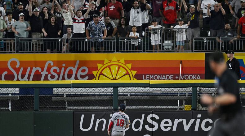 Braves left fielder Mike Yastrzemski watches Braden Montgomery's walk-off home run leave the park in the 10th inning of a loss to the White Sox in Chicago on Tuesday, June 9, 2026. (Paul Beaty/AP)