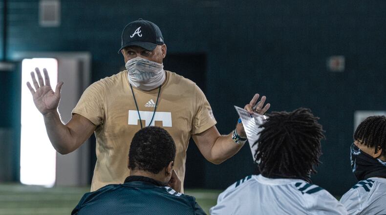 Georgia Tech coach Geoff Collins addresses his team at a summer training session July 22, 2020.
