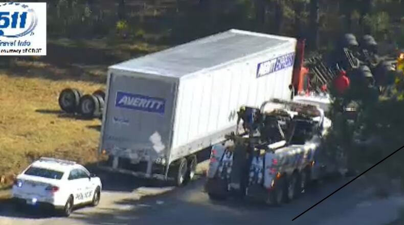A tractor-trailer overturned in Clayton County.