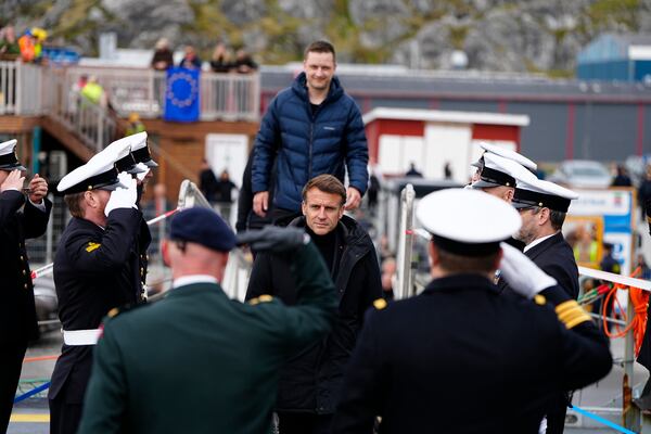 French President Emmanuel Macron visits the Danish frigate F363 Niels Juel in Nuuk, Greenland, on Sunday, June 15, 2025. (Mads Claus Rasmussen/Scanpix via AP)
