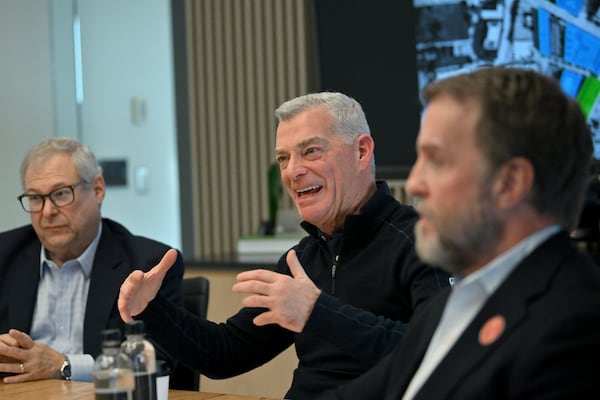 Tony Ressler, principal owner of the Atlanta Hawks, speaks as heads of the Centennial Yards project meet with The Atlanta Journal-Constitution editorial board at Centennial Yards Company, Wednesday, Dec. 3, 2025, in Atlanta. (Hyosub Shin/AJC)