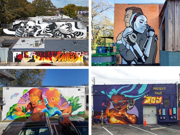 Recent additions from the 2024 Outerspace Project (clockwise from top left): murals by Ally Grimm, Chris Veal, Drew Borders and Max Sansing. (Courtresy of Arthur Rudick)