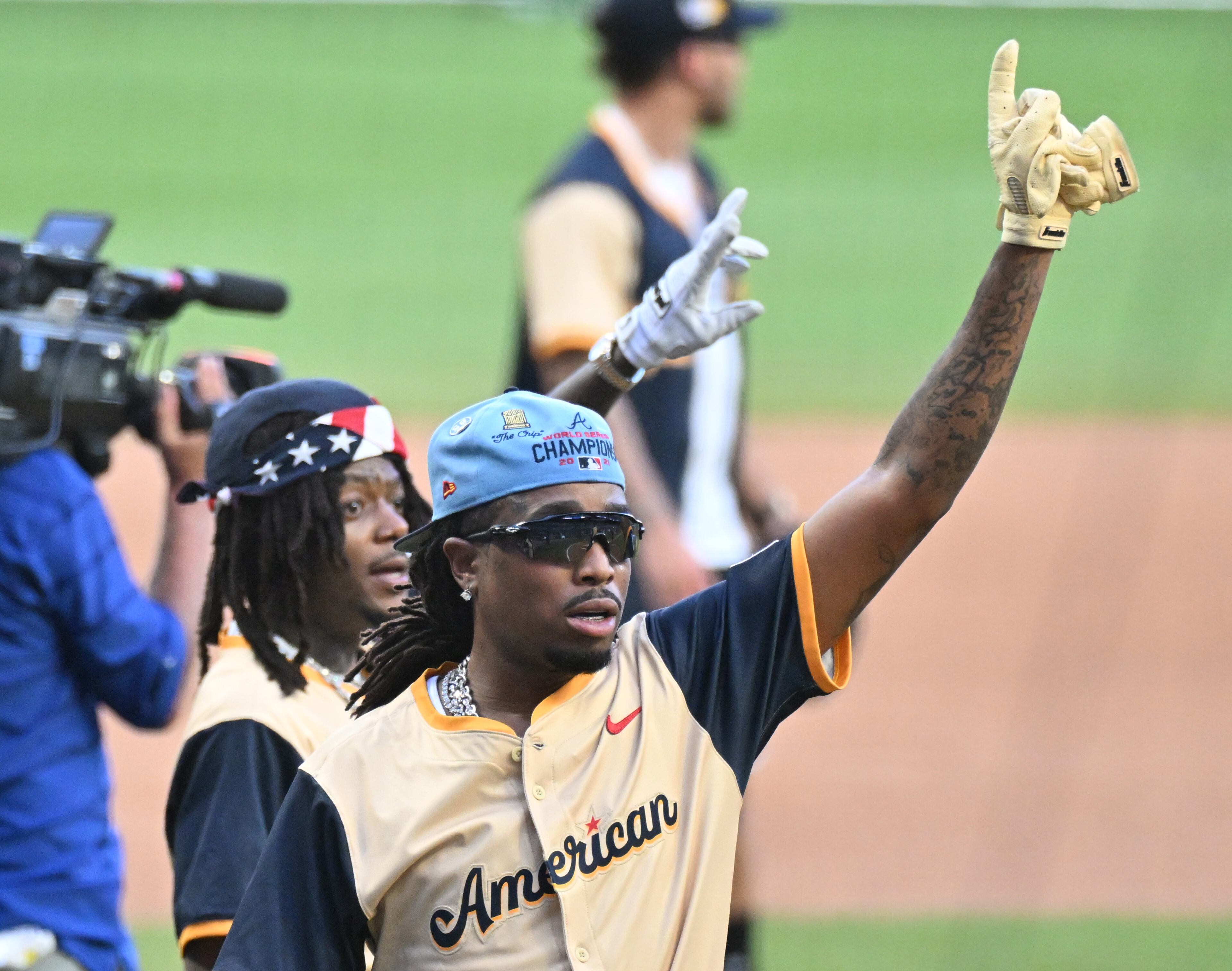 American League’s Quavo celebrates after scoring during the MLB All-Star Celebrity Softball Game at Truist Park, Saturday, July 12, 2025, in Atlanta. (Hyosub Shin / AJC)