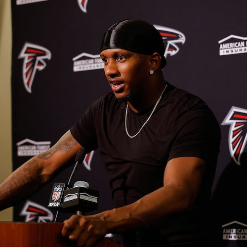 Atlanta Falcons quarterback Michael Penix Jr. speaks to reporters after an NFL football game against the San Francisco 49ers, Sunday, Oct. 19, 2025, in Santa Clara, Calif. (AP Photo/Kelley L Cox)