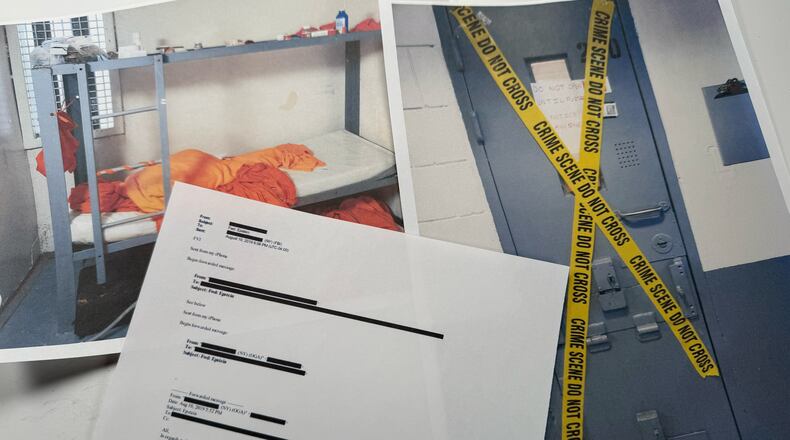 An email that was included in the U.S. Department of Justice release of the Jeffrey Epstein files is photographed Friday, Jan. 30, 2026, and shows the cell where Epstein was found unresponsive. (AP Photo/Jon Elswick)
