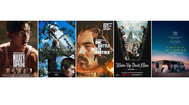 This combination photo shows promotional art for the films, "Marty Supreme," from left, "No Other Choice," "One Battle After Another," "Wake Up Dead Man: A Knives Out Mystery," and "It Was Just an Accident." (A24/Neon/Warner Bros./Netflix/Neon via AP)