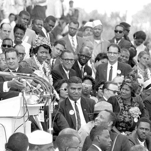 The Rev. Martin Luther King Jr. (left) delivers his "I Have a Dream" speech to thousands of civil rights supporters gathered in front of the Lincoln Memorial for the March on Washington on Aug. 28, 1963. (AP)