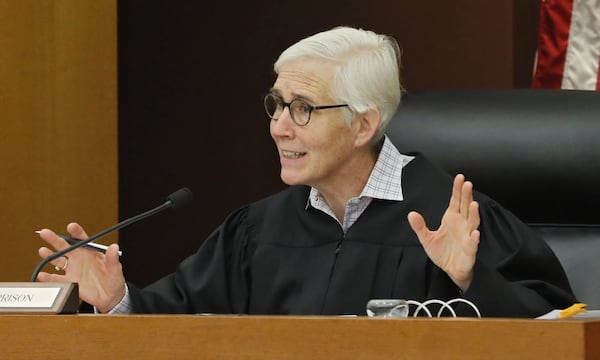 Judge Jane Morrison discusses the charges with attorneys before closing arguments Thursday, Dec. 19, 2019. The jury delivered guilty verdicts in the first-ever criminal prosecution of an alleged violation of the Georgia Open Records Act. Jenna Garland, a former press secretary to ex-Atlanta Mayor Kasim Reed, was accused of ordering a subordinate to delay the release of water billing records requested by Channel 2 Action News that were politically damaging to Reed and other city elected officials. BOB ANDRES / BANDRES@AJC.COM