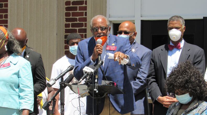 State Rep. Al Williams speaks Tuesday at a rally in Brunswick calling for the passage of a state hate-crimes law. AJC/Bert Roughton Jr.