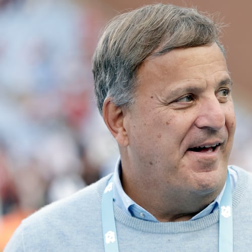 FILE - North Carolina general manager Michael Lombardi on the sidelines before an NCAA college football game Saturday, against Stanford, Nov. 8, 2025, in Chapel Hill, N.C. (AP Photo/Chris Seward,File)