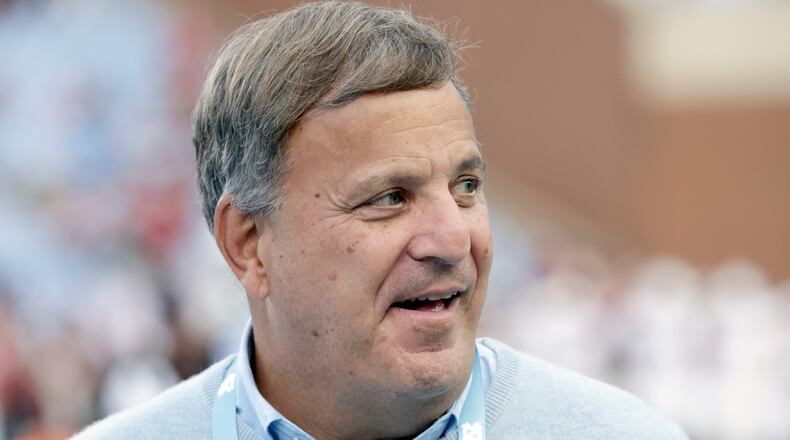 FILE - North Carolina general manager Michael Lombardi on the sidelines before an NCAA college football game Saturday, against Stanford, Nov. 8, 2025, in Chapel Hill, N.C. (AP Photo/Chris Seward,File)