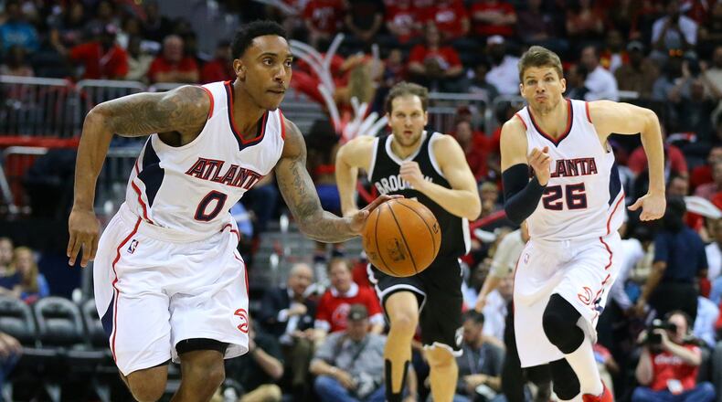 Hawks’ Jeff Teague breaks away with a steal from the Nets in Game 2 of their first-round series at Philips Arena on Wednesday, April 22, 2015, in Atlanta. Curtis Compton / ccompton@ajc.com