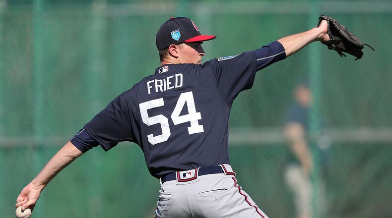 Feb 17, 2018 Lake Buena Vista: Braves pitcher Max Fried loosens up his arm during spring training on Saturday, Feb 17, 2018, at the ESPN Wide World of Sports Complex in Lake Buena Vista. Curtis Compton/ccompton@ajc.com