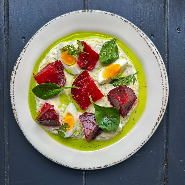 A beet salad at Belen Bistro includes roasted beets, Greek yogurt with herbs and hard-boiled eggs. (Courtesy of Belen Bistro & Market)