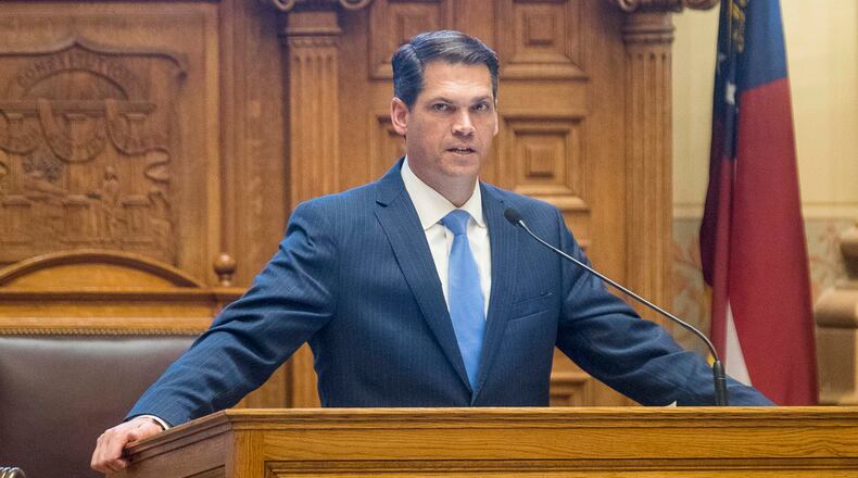 03/12/2020 -- Atlanta, Georgia -- Georgia Lt. Governor Geoff Duncan speaks on the upcoming possible changes to the legislative calendar due to coronavirus during the Georgia Legislatures Crossover day, Thursday, March 12, 2020. "This is an ongoing situation continuing to monitor very closely," Lt. Gov. Duncan said. "In the coming hours, we should have a more definitive solution to potential adjustment to our upcoming schedule." A press conference about the updates on coronavirus in Georgia held by Georgia Gov. Brian Kemp was scheduled for later in the afternoon. (ALYSSA POINTER/ALYSSA.POINTER@AJC.COM)