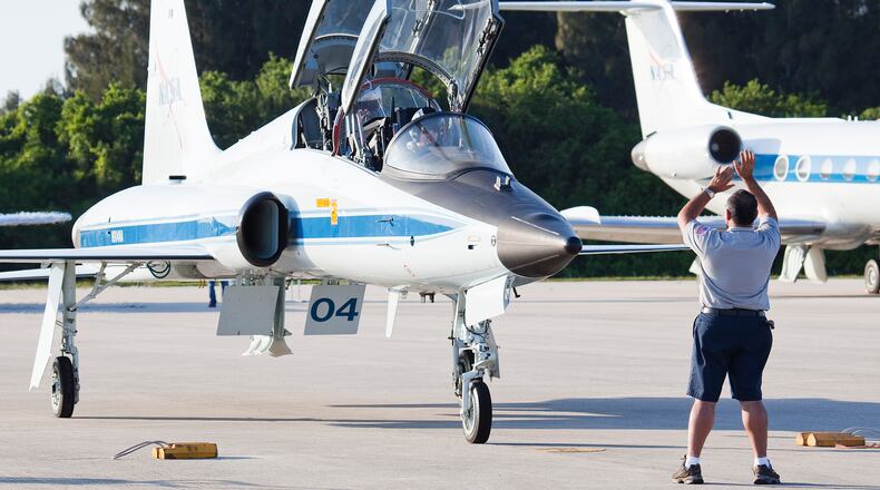 Two airmen died Thursday morning in a crash involving their T-38 jets, a type of jet which is shown here at Kennedy Space Center in Cape Canaveral, Florida.