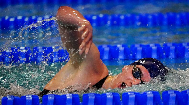 University of Pennsylvania transgender athlete Lia Thomas swims in a preliminary heat for the 500-yard freestyle at the NCAA Swimming and Diving Championships Thursday, March 17, 2022, at Georgia Tech in Atlanta. (AP Photo/John Bazemore)(AP Photo/John Bazemore)