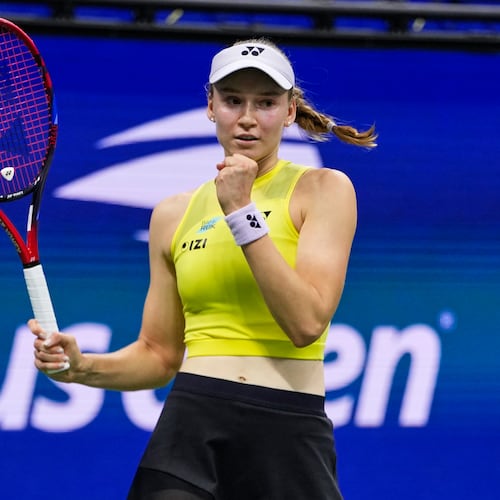 Elena Rybakina, of Kazakhstan, celebrates winning a match against Coco Gauff, of the United States, during the women's singles semifinals of the U.S. Open tennis championships, Thursday, Sept. 10, 2026, in New York. (AP Photo/Seth Wenig)