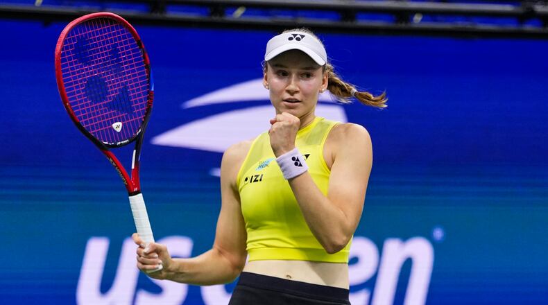 Elena Rybakina, of Kazakhstan, celebrates winning a match against Coco Gauff, of the United States, during the women's singles semifinals of the U.S. Open tennis championships, Thursday, Sept. 10, 2026, in New York. (AP Photo/Seth Wenig)
