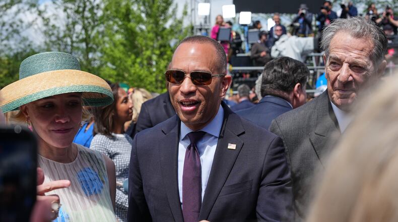 House Minority Leader Hakeem Jeffries, D-N.Y., arrives ahead of the Obama Presidential Center dedication ceremony Thursday, June 18, 2026, in Chicago. (AP Photo/Alex Brandon)