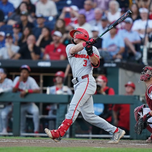 Georgia catcher Daniel Jackson (3) hits a homer during an NCAA baseball College World Series game against Oklahoma, Monday, June 15, 2026 in Omaha, Neb. Oklahoma won 4-3. (Vera Nieuwenhuis/AP)