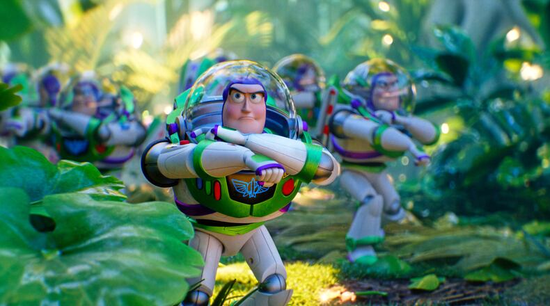 This image released by Disney shows Buzz Lightyear, voiced by Tim Allen, in Disney and Pixar's "Toy Story 5." (Disney/Pixar via AP)