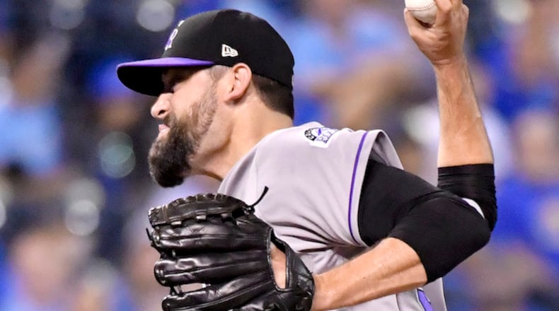 Colorado Rockies relief pitcher Pat Neshek throws in the seventh inning against the Kansas City Royals at Kauffman Stadium in Kansas City, Mo., on Wednesday, Aug. 23, 2017. (John Sleezer/Kansas City Star/TNS)