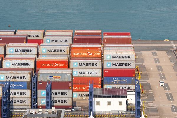Containers pile up at Kwai Chung Container terminal in Hong Kong, Tuesday, Apr. 8, 2025. (AP Photo/Chan Long Hei)
